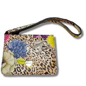 Betsey Johnson Leopard Floral Wristlet Wallet Purse Heart Logo Faux Leather